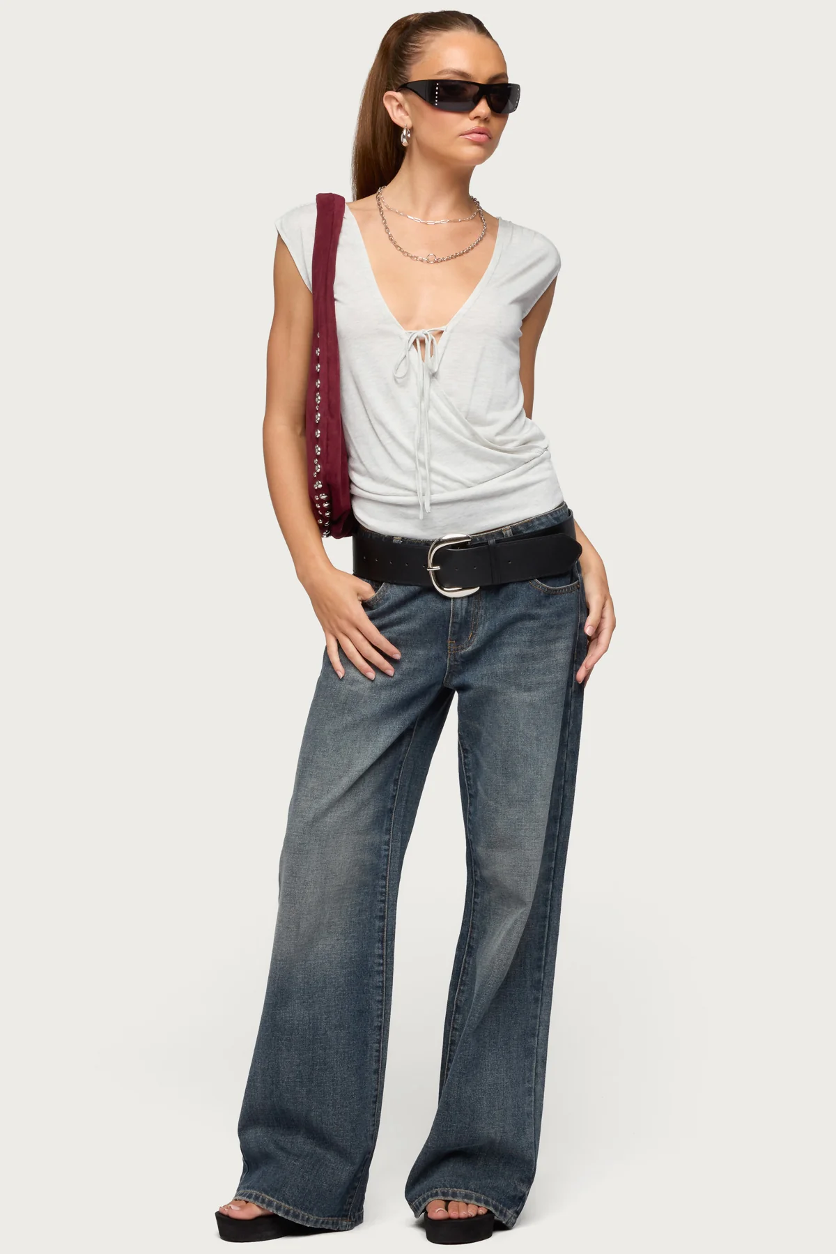 Tie Front V Neck Wrap Top - Image 2