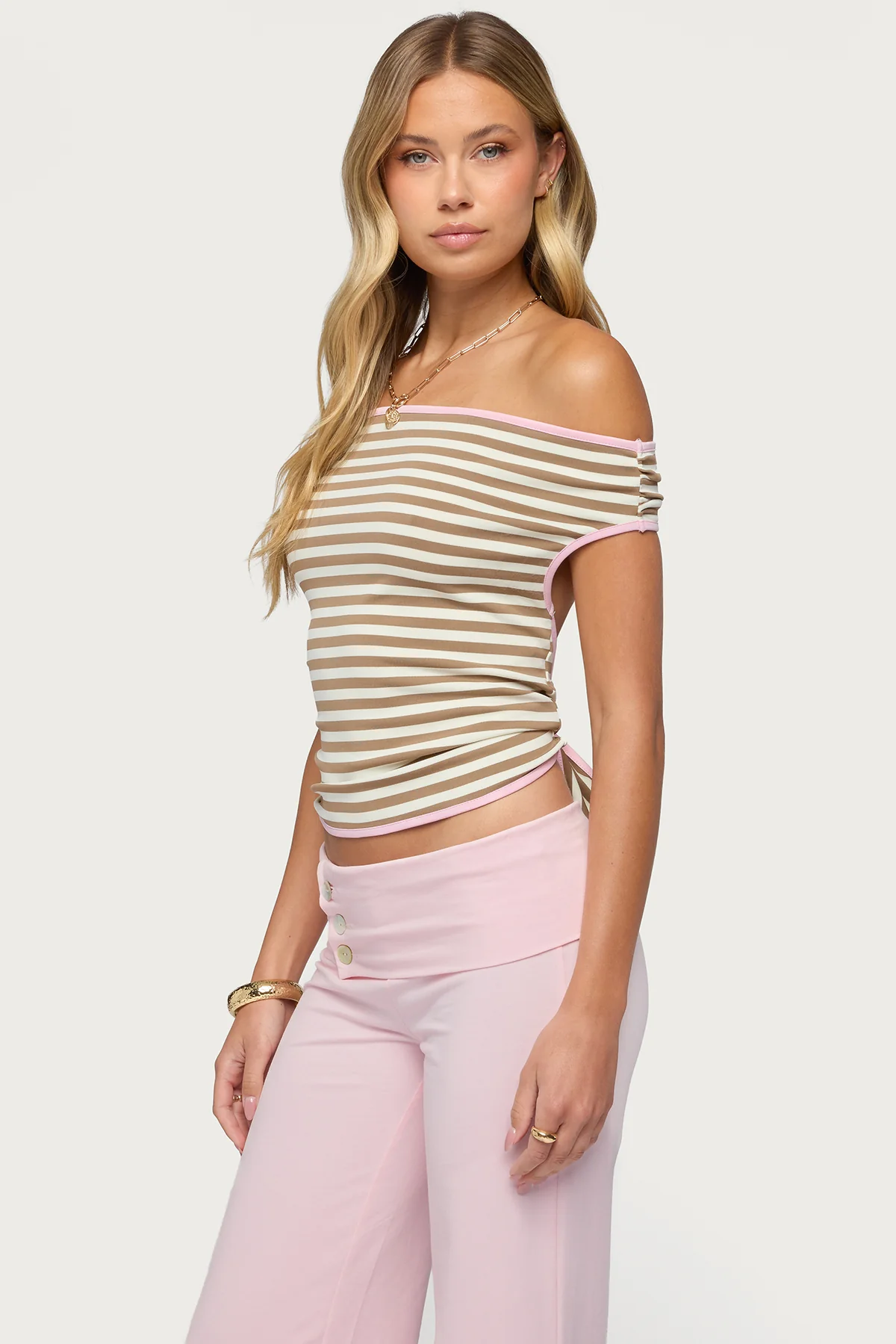 Zory Striped Backless Off Shoulder Top - Image 5